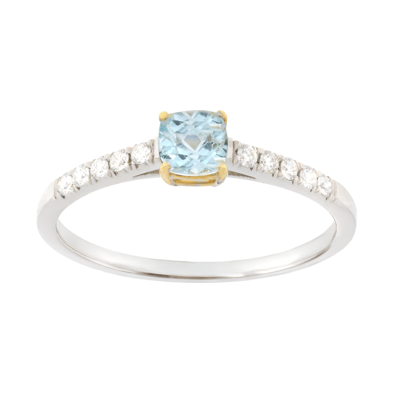 Anello oro bianco 18K con acquamarina cushion e fila di diamanti per lato