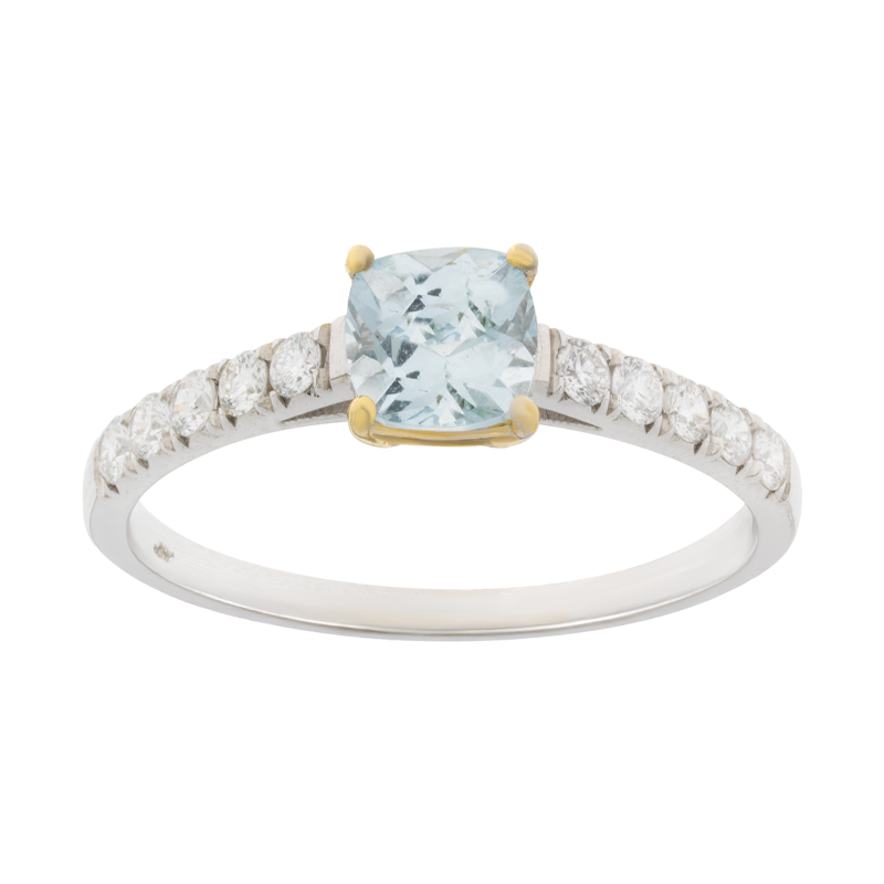 Anello oro bianco 18K con acquamarina cushion e fila di diamanti per lato