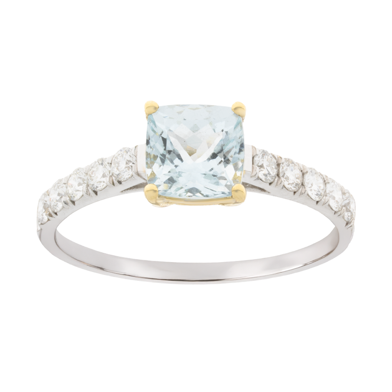 Anello oro bianco 18K con acquamarina cushion e fila di diamanti per lato