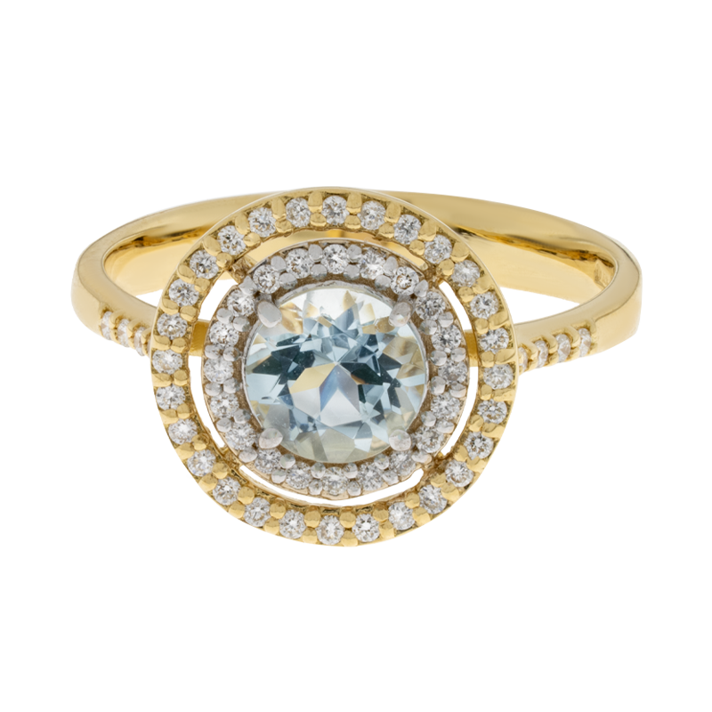 Anello oro giallo 18K con acquamarina round e contorno diamanti