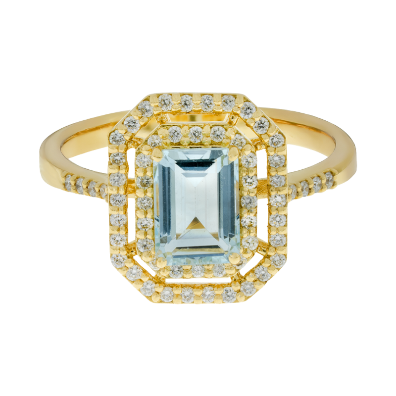Anello oro giallo 18K con acquamarina emerald e contorno diamanti