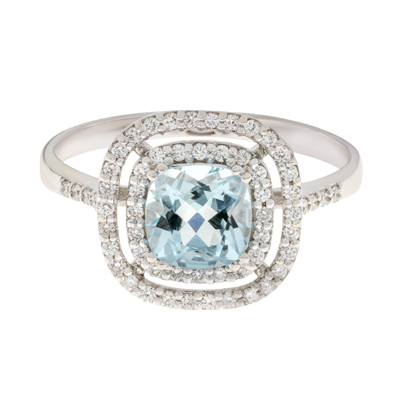 Anello oro bianco 18K con acquamarina cushion e contorno diamanti