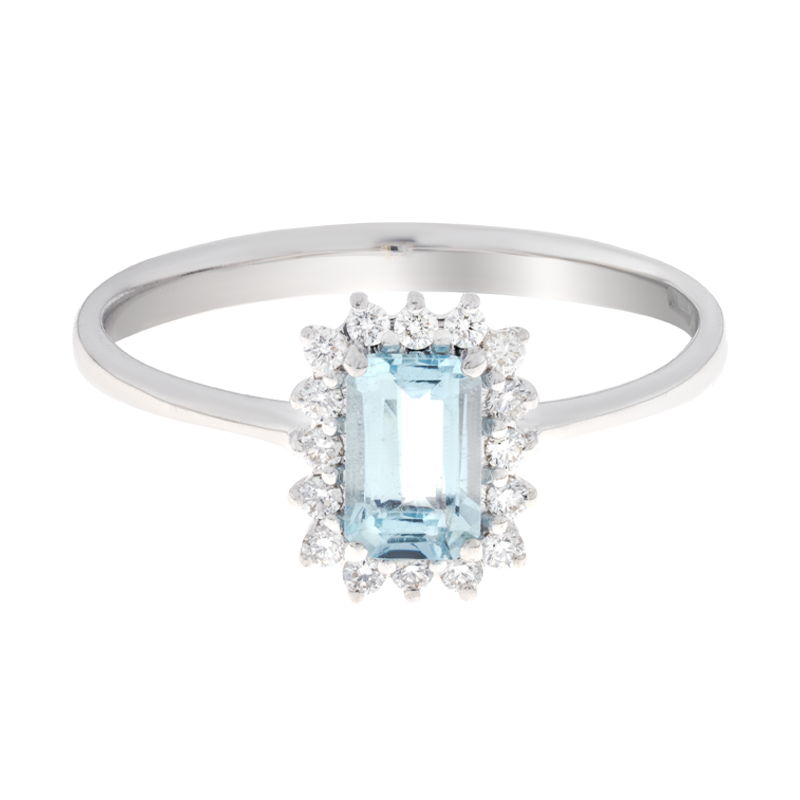 Anello oro bianco 18K con acquamarina emerald e contorno diamanti