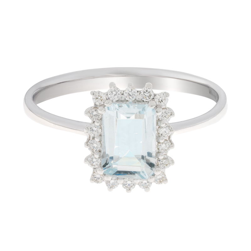 Anello oro bianco 18K con acquamarina emerald e contorno diamanti