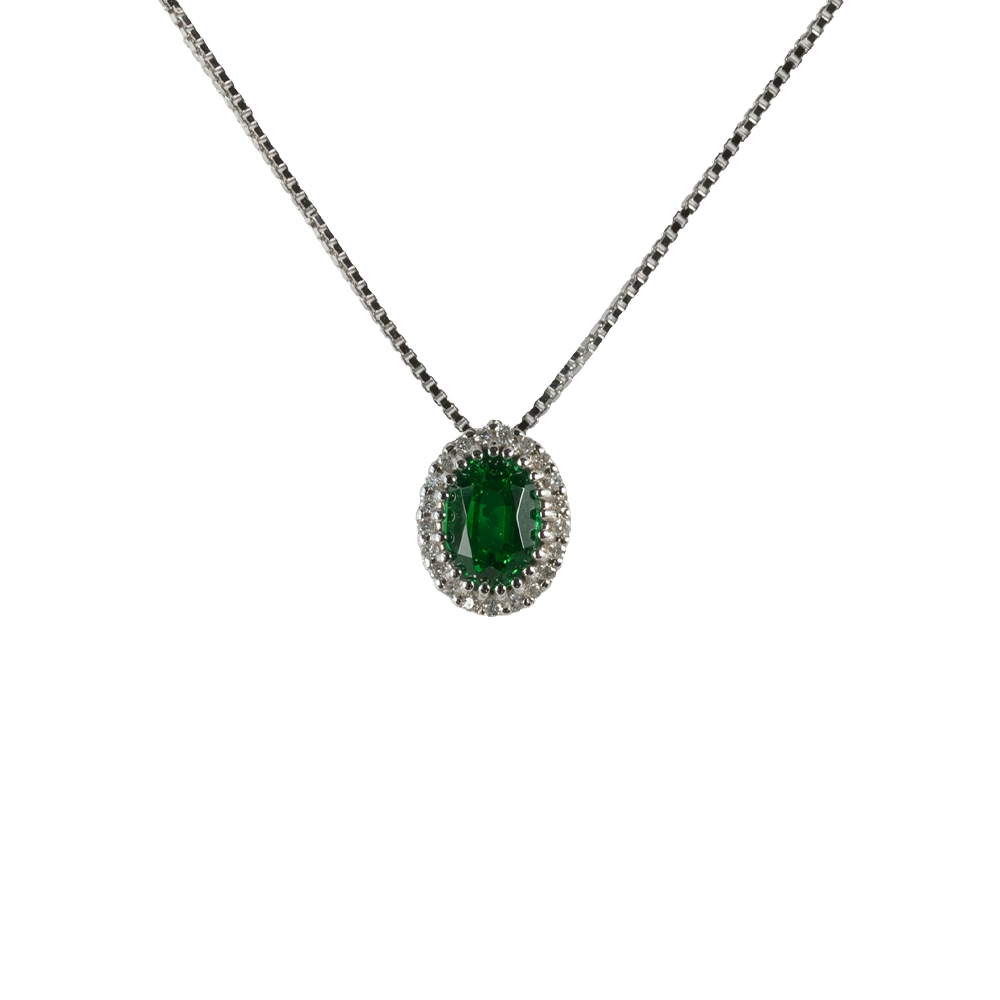 Ciondolo in oro bianco 18K con diamanti pavè con smeraldo centrale da 0.34 a 0.90 ct