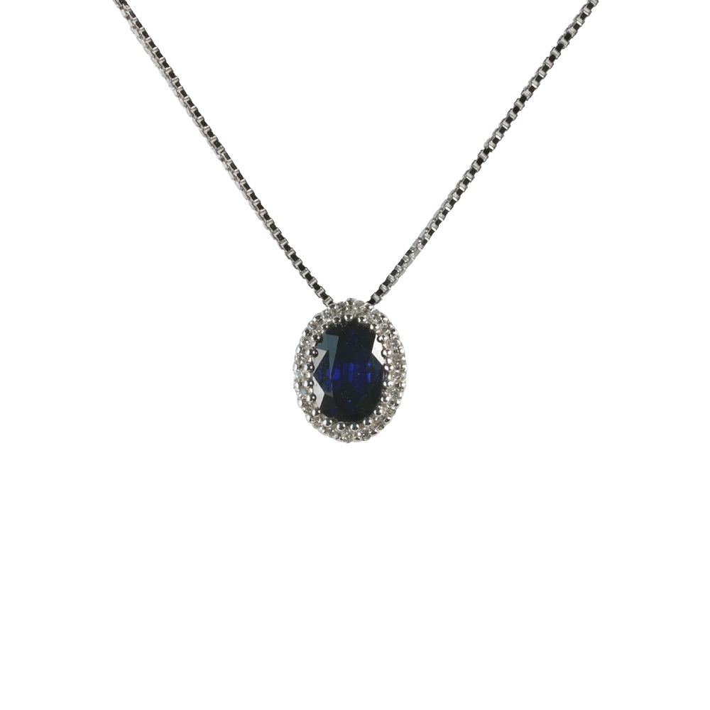 Ciondolo in oro bianco 18K con diamanti pavè con zaffiro centrale da 0.29 a 1.10 ct