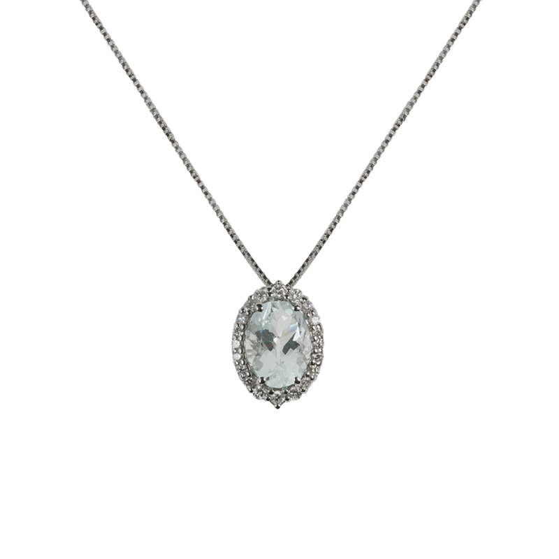 Ciondolo in oro bianco 18K con diamanti pavè con acquamarina centrale da 0.35 a 1.64 ct