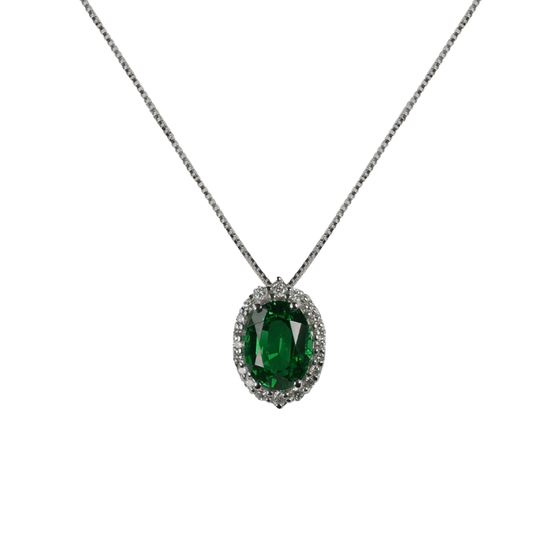 Ciondolo in oro bianco 18K con diamanti pavè con smeraldo centrale da 0.40 a 1.29 ct