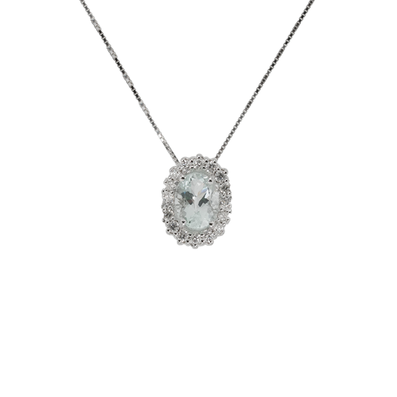 Ciondolo in oro bianco 18K con diamanti pavè con acquamarina centrale da 0.40 a 1.40 ct