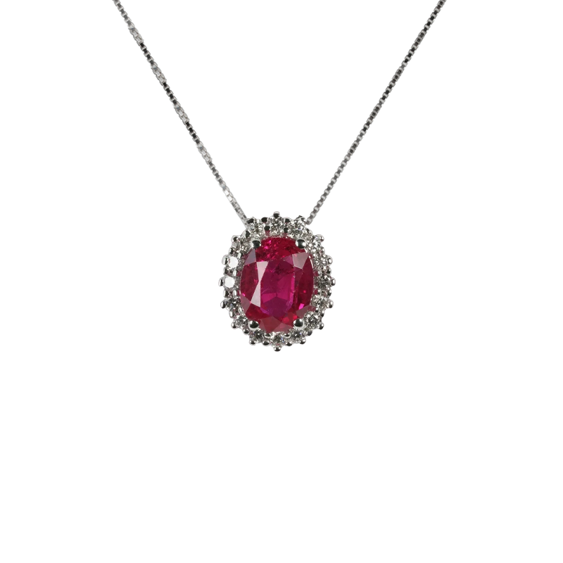 Ciondolo in oro bianco 18K con diamanti pavè con rubino centrale da 0.40 a 1.75 ct
