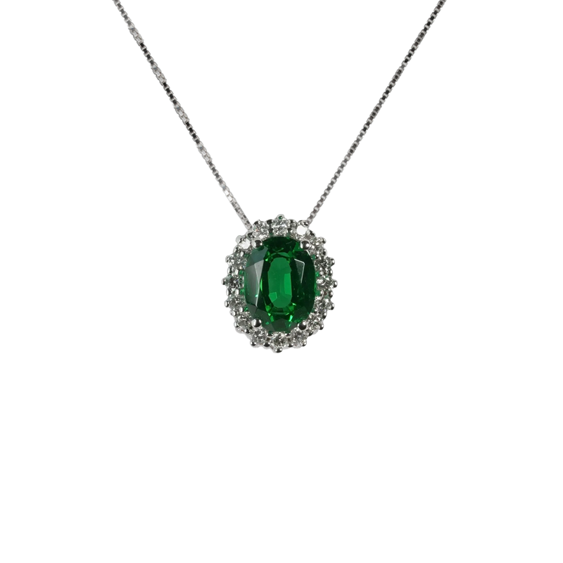 Ciondolo in oro bianco 18K con diamanti pavè con smeraldo centrale da 0.45 a 1.40 ct