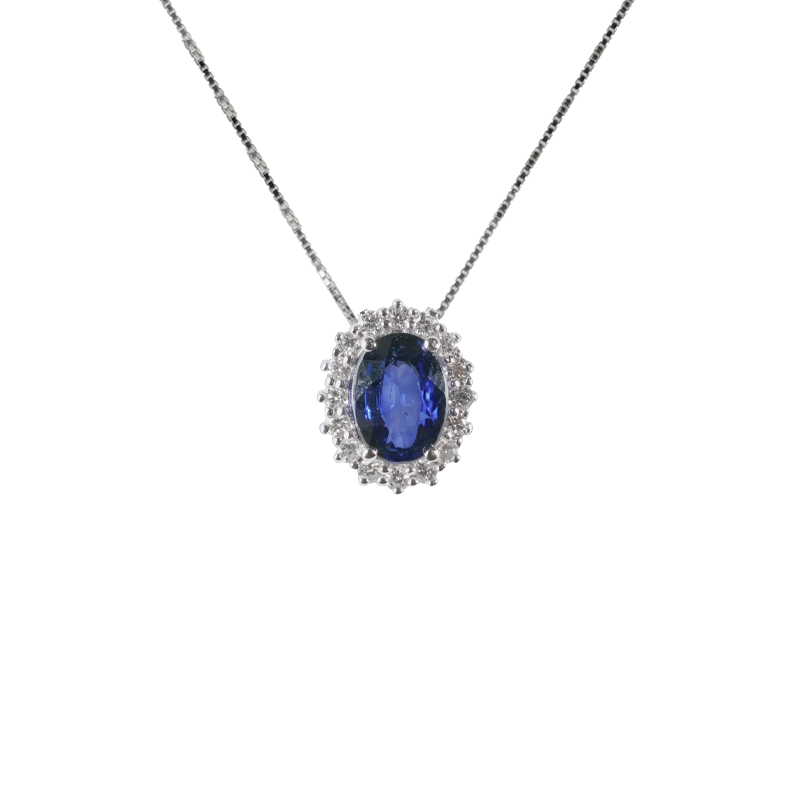 Ciondolo in oro bianco 18K con diamanti pavè con zaffiro centrale da 0.40 a 1.65 ct