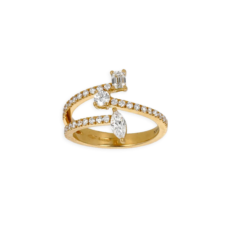 Anello Oro Giallo 18K fantasia 3 File Navette, Emerald e Round