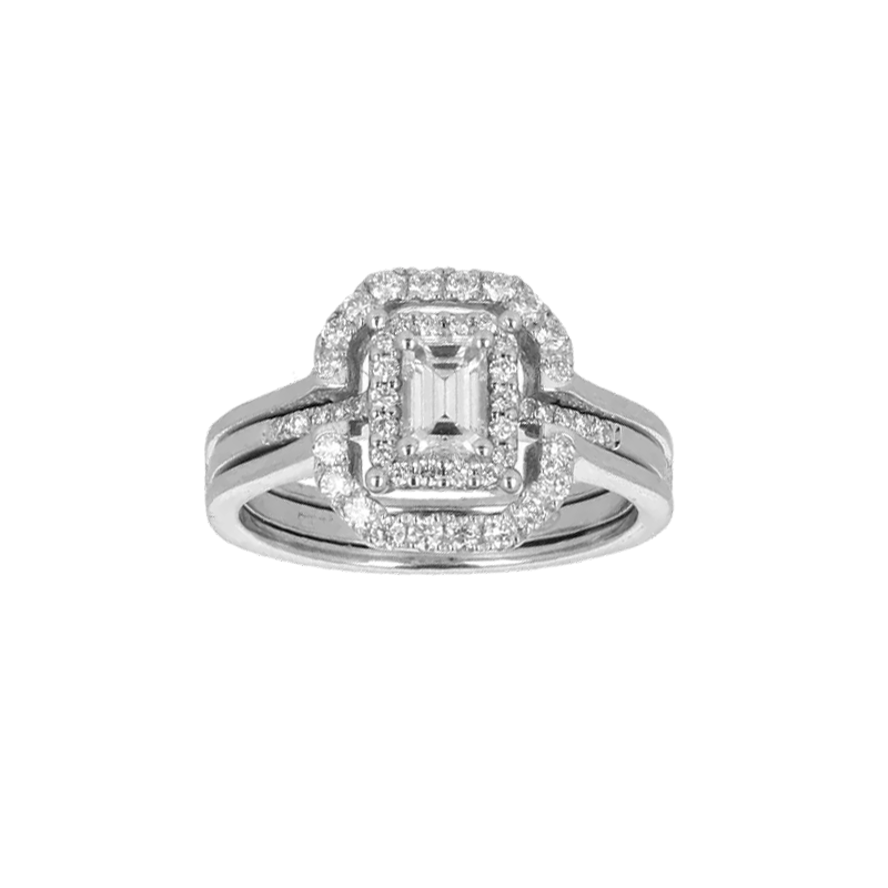 Anello Doppio Contorno Oro Bianco 18K con Diamanti Round e Emerald Cut