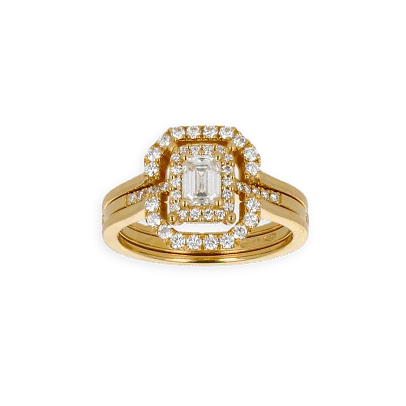Anello Doppio Contorno Oro Giallo 18K con Diamanti Round e Emerald Cut