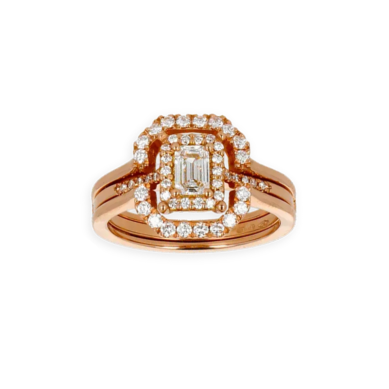 Anello Doppio Contorno Oro Rosa 18K con Diamanti Round e Emerald Cut