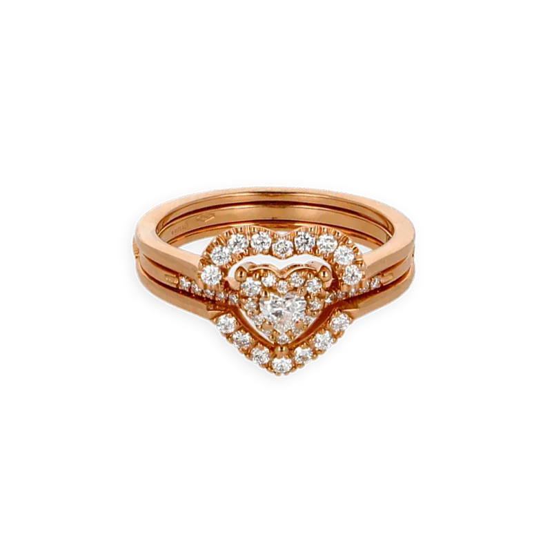 Anello Doppio Contorno Oro Rosa 18K con Diamanti Round e Heart Cut