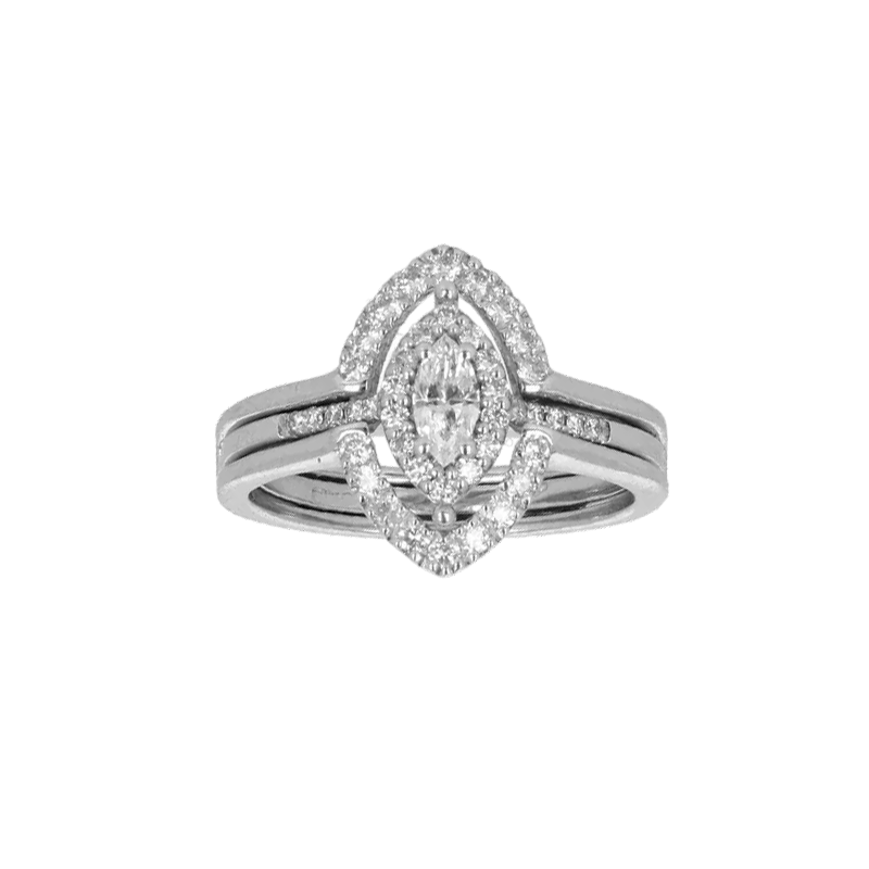 Anello Doppio Contorno Oro Bianco 18K con Diamanti Round e Navette Cut