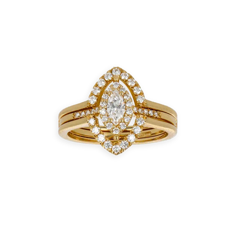 Anello Doppio Contorno Oro Giallo 18K con Diamanti Round e Navette Cut