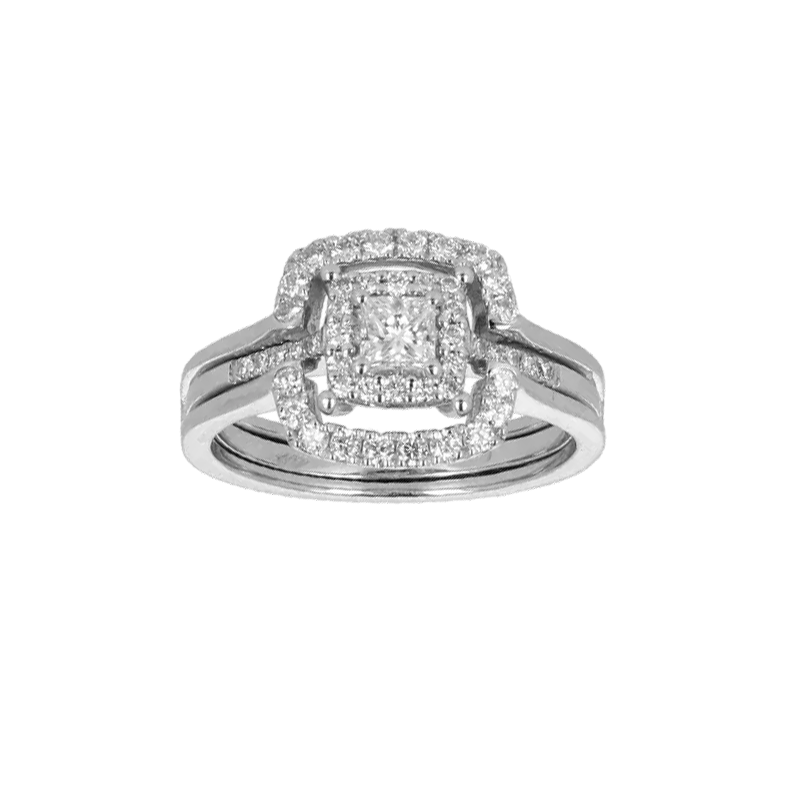 Anello Doppio Contorno Oro Bianco 18K con Diamanti Round e Princess Cut