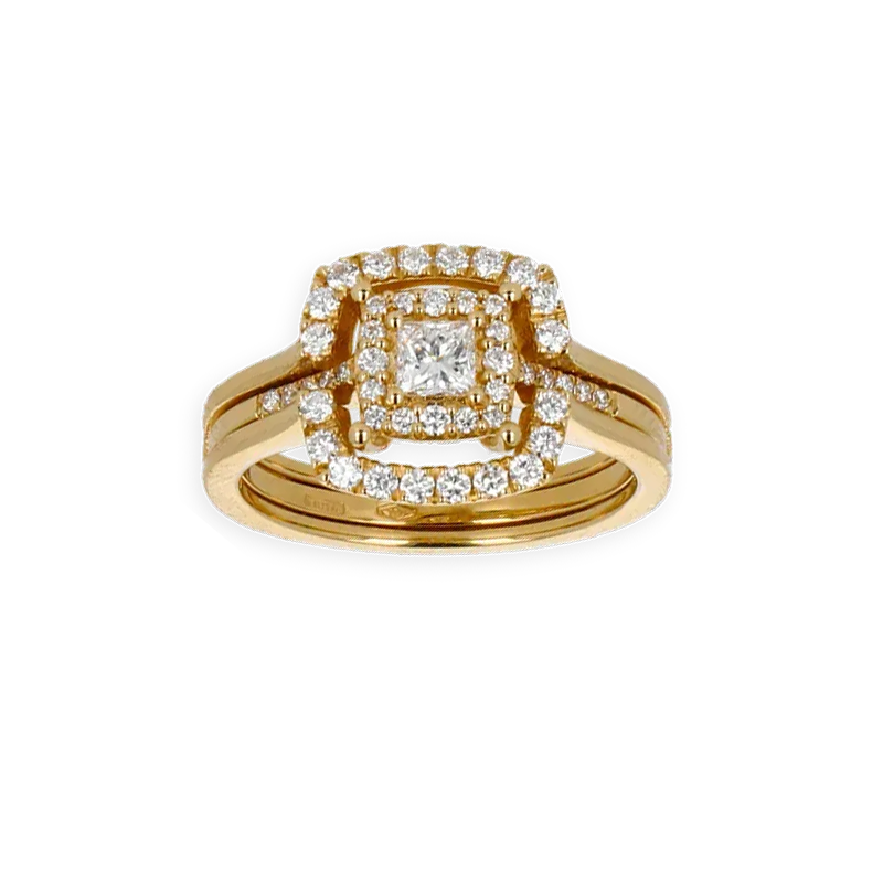 Anello Doppio Contorno Oro Giallo 18K con Diamanti Round e Princess Cut