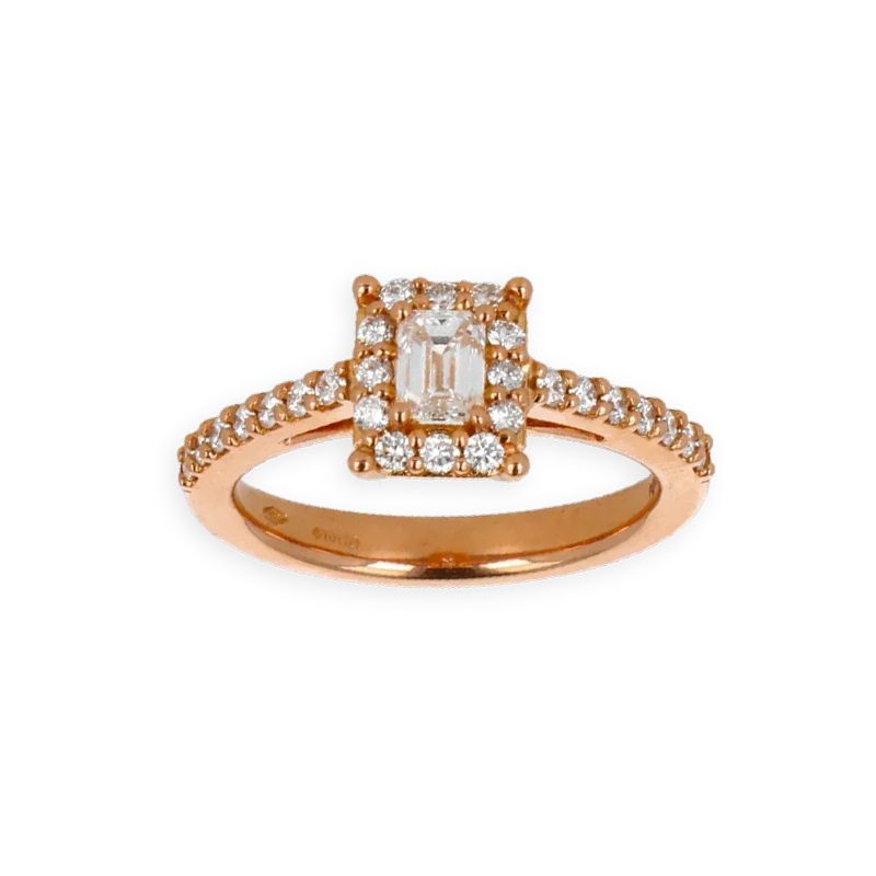 Anello Oro Rosa 18K con Diamanti Round e Emerald Cut