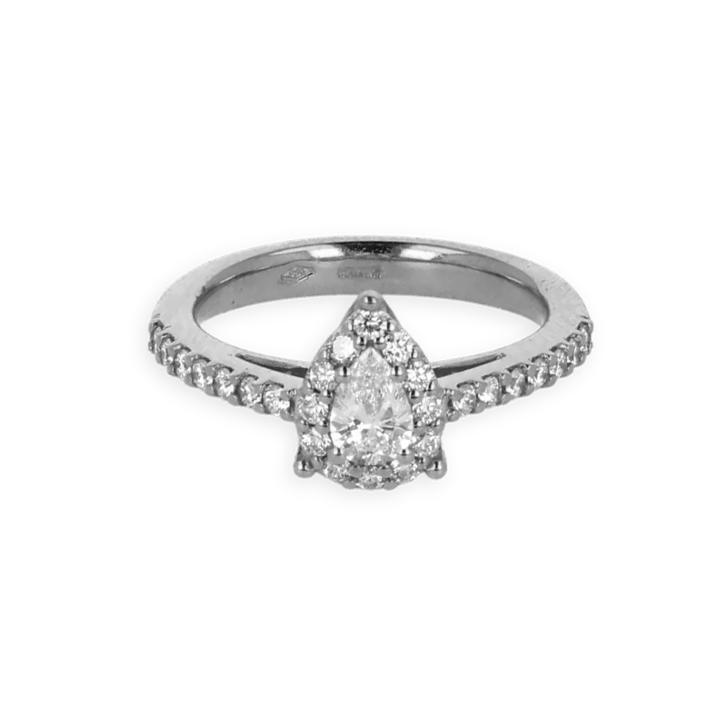 Anello Oro Bianco 18K con Diamanti Round e Pear Cut