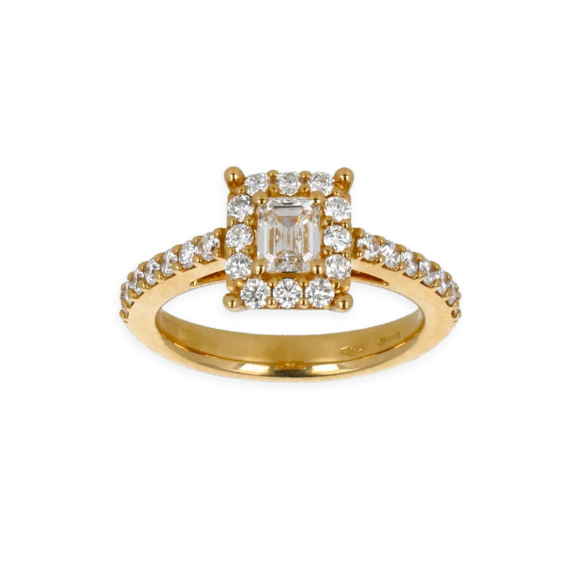 Anello Oro Giallo 18K con Diamanti Round e Princess Cut