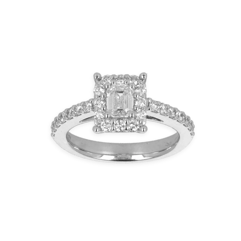 Anello Oro Bianco 18K con Diamanti Round e Princess Cut