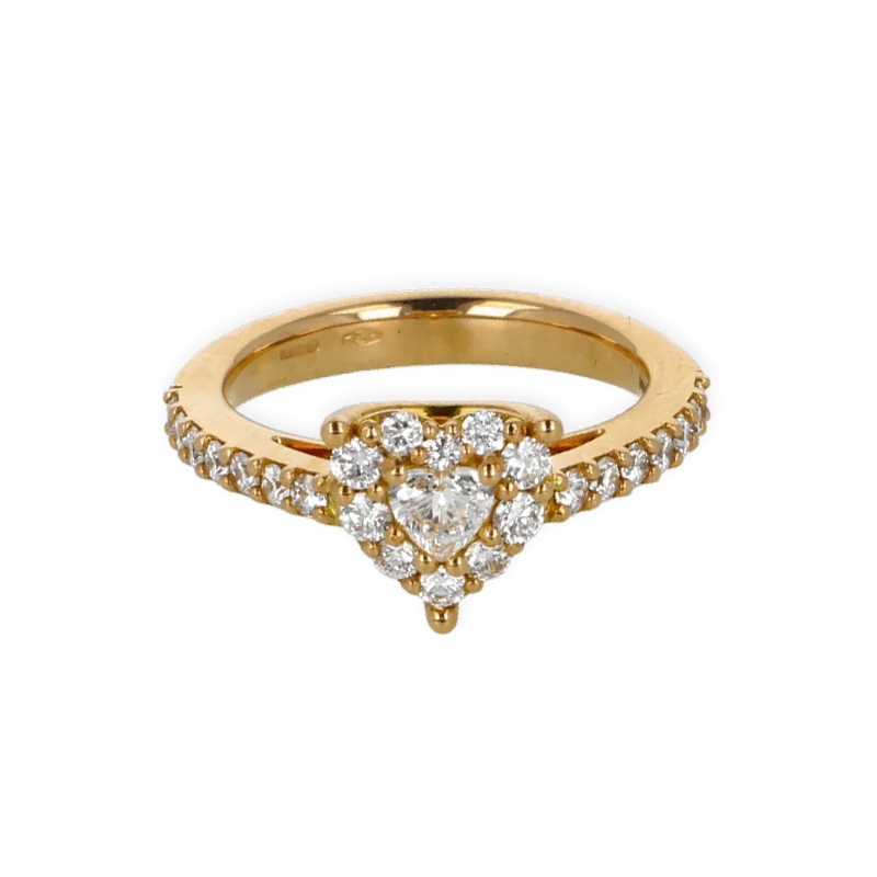 Anello grande in oro giallo 18K con diamanti con centrale heart cut