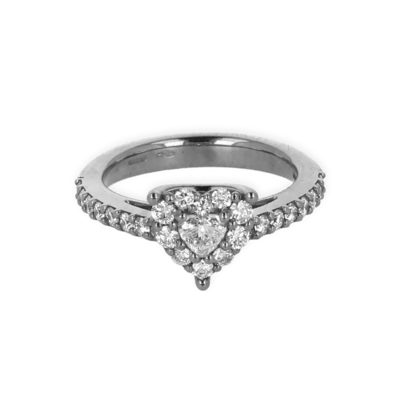 Anello grande in oro bianco 18K con diamanti con centrale heart cut