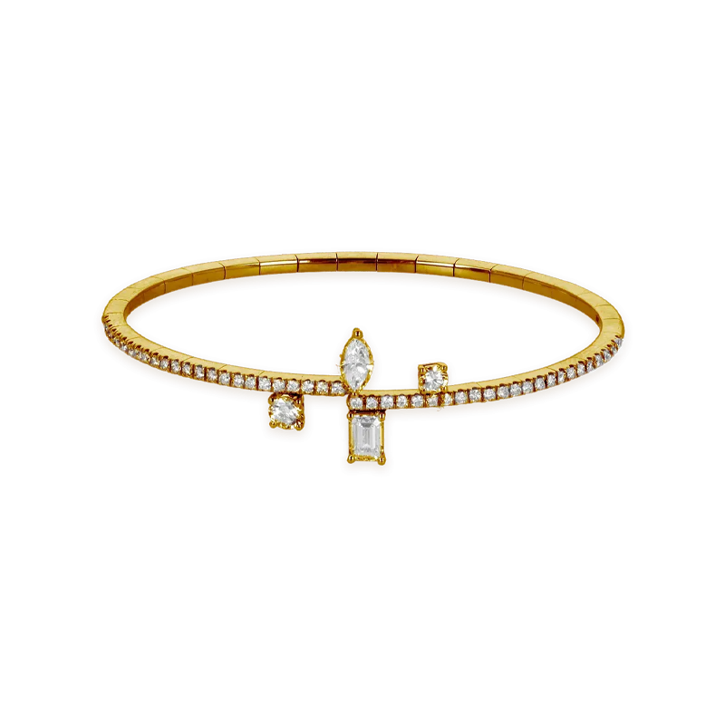 Bracciale fantasia oro giallo 18K con diamanti emerald, navette e round