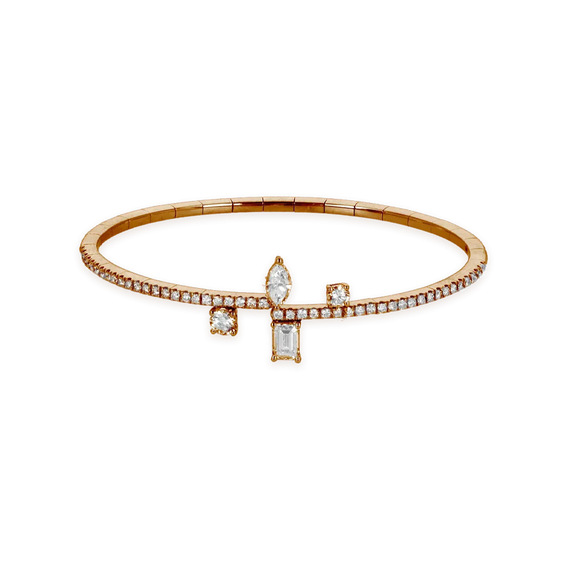 Bracciale fantasia oro rosa 18K con diamanti emerald, navette e round