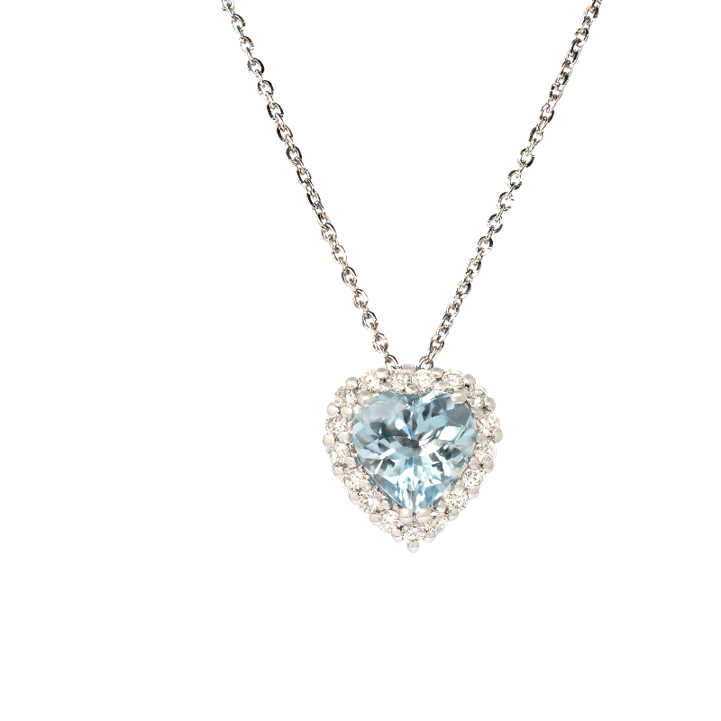 Pendente oro bianco 18K con diamanti acquamarina taglio cuore