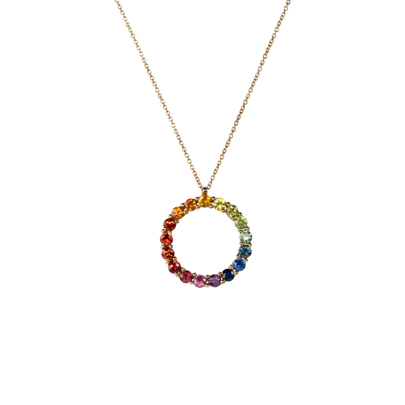 Ciondolo oro rosa 18K cerchio rainbow con zaffiri multicolore