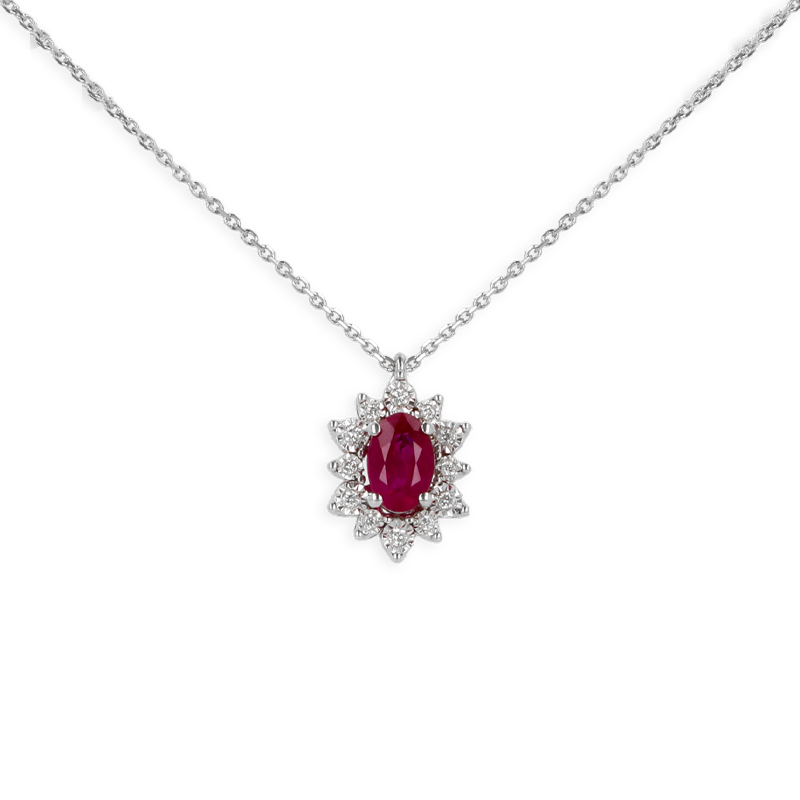 Pendente oro Bianco 18K con Diamanti e Centrale Rubino