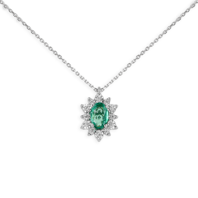 Pendente oro Bianco 18K con Diamanti e Centrale Smeraldo