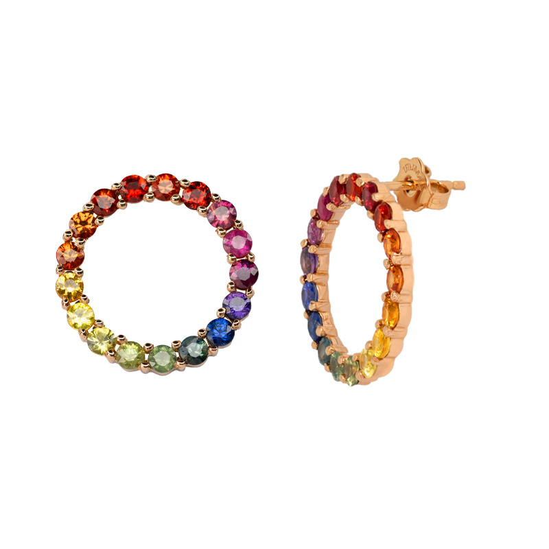 Orecchini rosa 18K cerchio a lobo rainbow con zaffiri multicolore