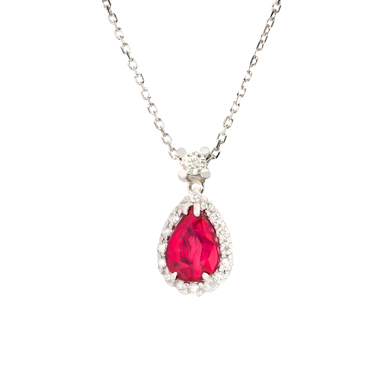 Pendente oro bianco 18K con diamanti con rubino centrale a goccia