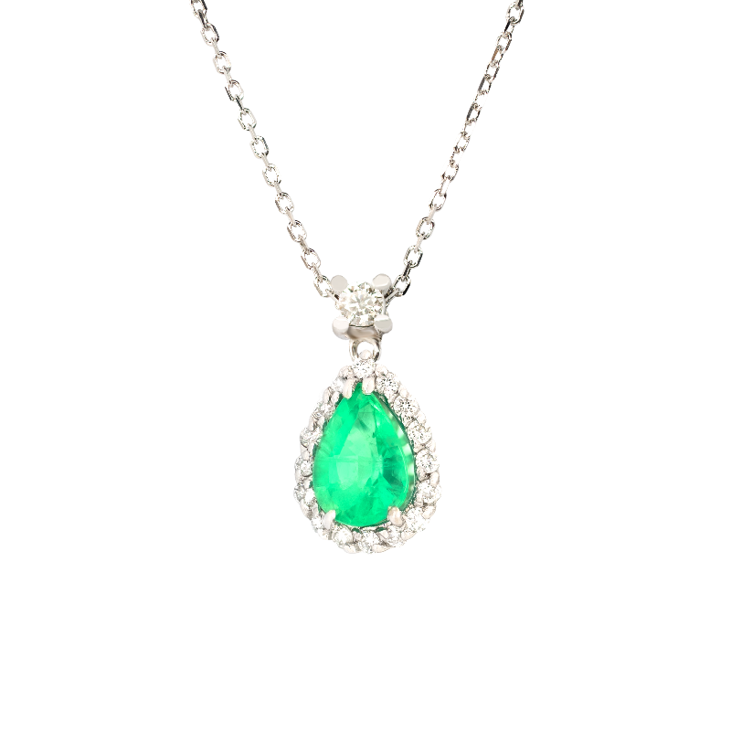 Pendente oro bianco 18K con diamanti con smeraldo centrale a goccia
