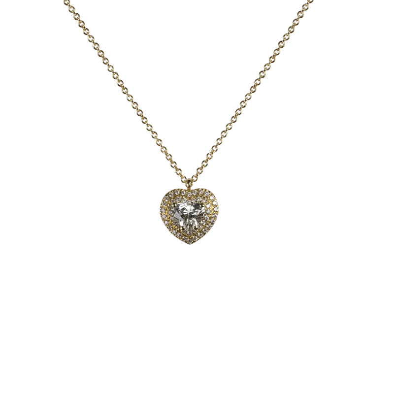 Pendente in oro giallo 18K con diamanti pavè con cuore centrale doppio contorno