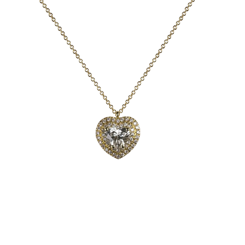 Pendente in oro giallo 18K con diamanti pavè con cuore centrale doppio contorno