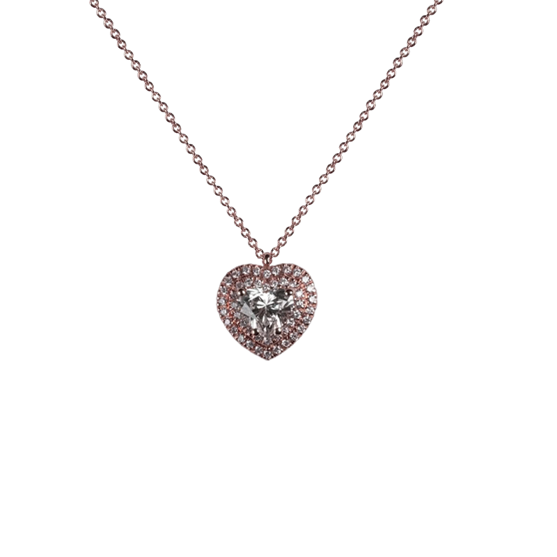 Pendente in oro rosa 18K con diamanti pavè con cuore centrale doppio contorno