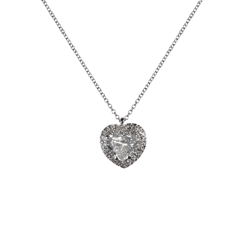Pendente in oro bianco 18K con diamanti pavè con cuore centrale doppio contorno