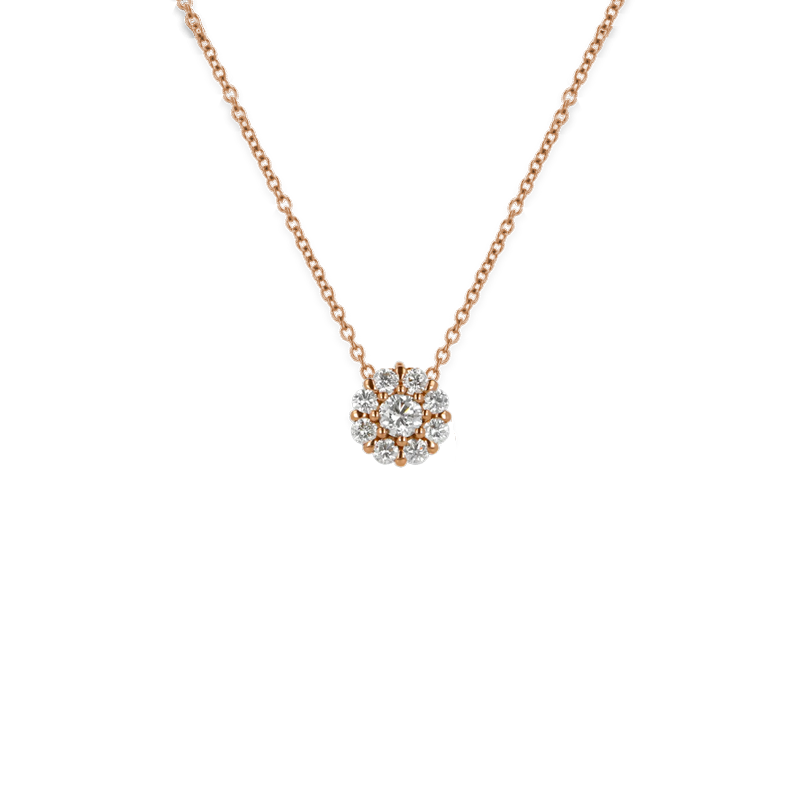 Pendente Oro Rosa 18K con Diamante Centrale e Contorno di Diamanti