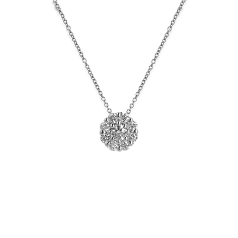 Pendente Oro Bianco 18K con Diamante Centrale e Contorno di Diamanti