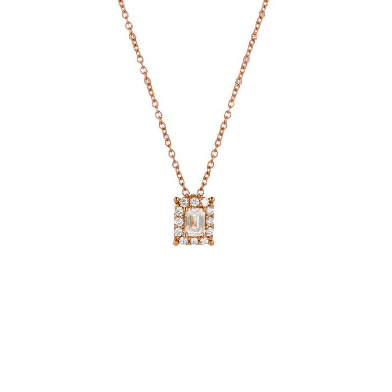 Pendente Oro Rosa 18K con Diamanti Round e Emerald Cut