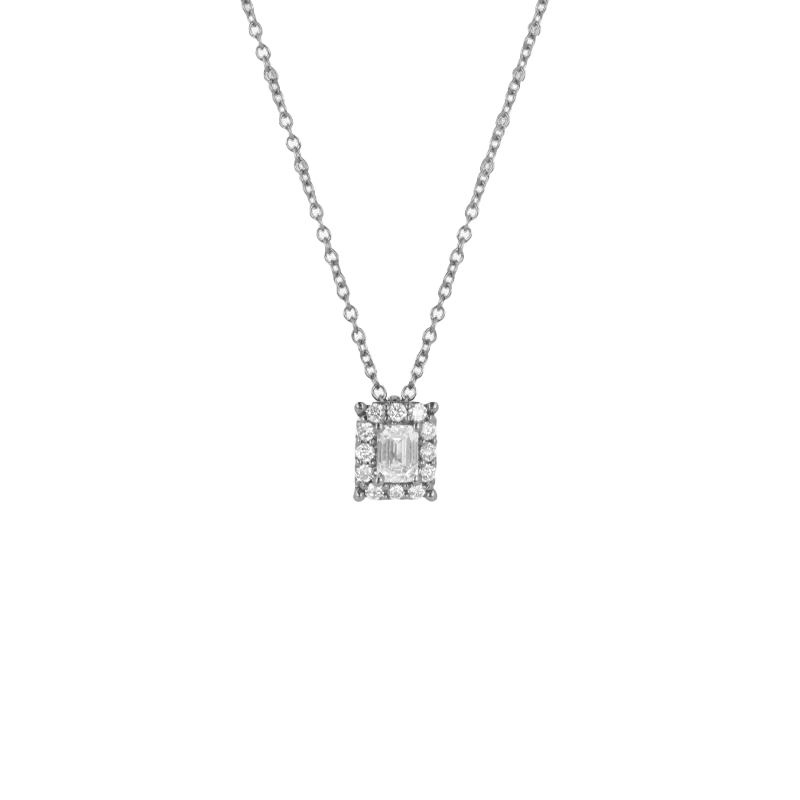 Pendente Oro Bianco 18K con Diamanti Round e Emerald Cut