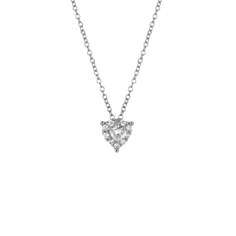 Pendente Oro Bianco 18K con Diamanti Round e Heart Cut
