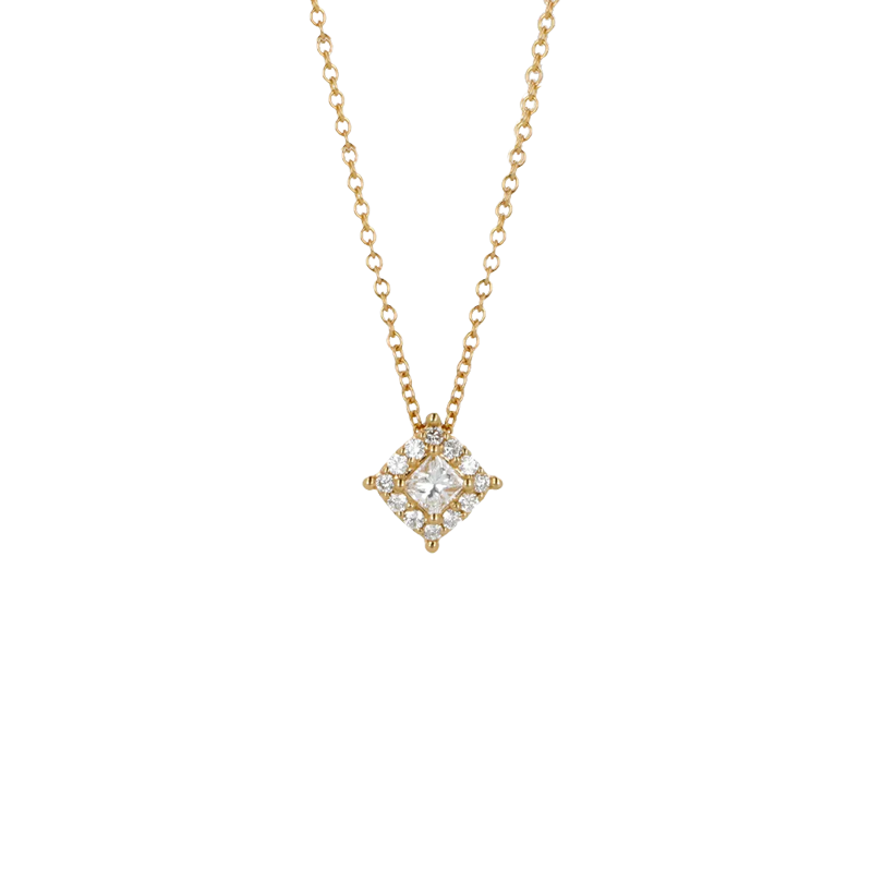 Pendente Oro Giallo 18K con Diamanti Round e Princess Cut